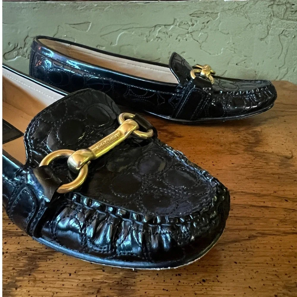 Coach Eve Black Patent Leather Signature Logo Preppy Horsebit Loafers Womens 5B